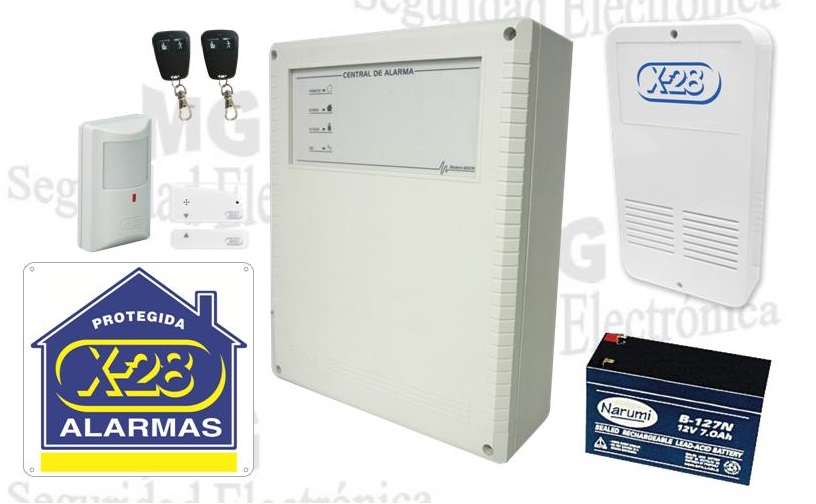 Central, 2 controles remotos, batería, sensor de movimiento inalámbrico para interior, sensor magnético de apertura inalámbrico y sirena plástica para exterior.